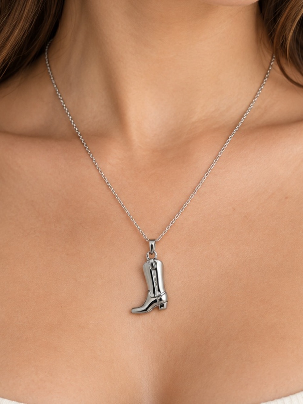 Stainless Steel Silver Cowboy Boot Pendant Necklace
